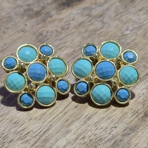Elegant Gold, Blue And Turqoise Cluster Earrings